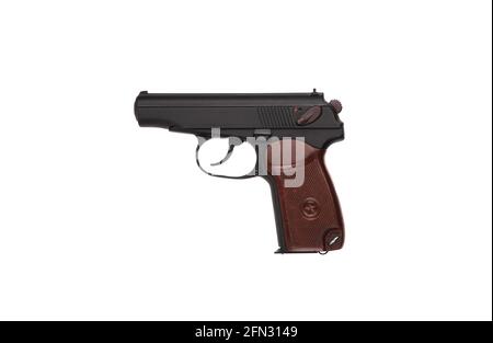 Soviet classic semi-automatic 9mm pistol. Police and military weapons. Black PM pistol with brown grip isolate on white background. Stock Photo