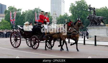 Kate Middleton Princess of Wales and Camilla Parker Bowles in Open Carriage Outside Buckingham Palace Trooping The Colour Stock Photo