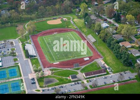 Aerial view of American high school athletic field Stock Photo