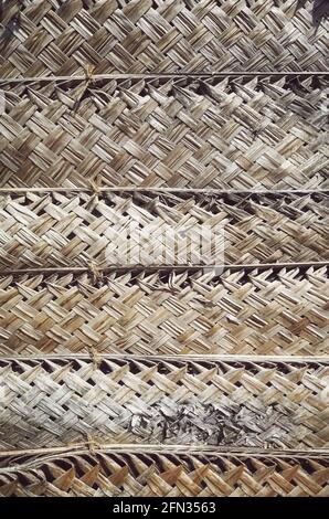 Dried woven palm leaf wall, natural background. Stock Photo