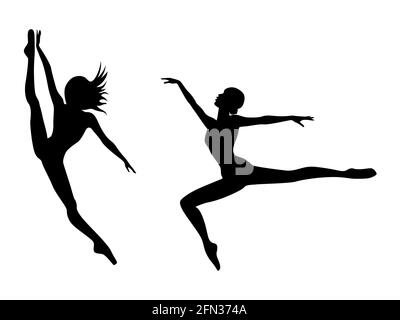 Abstract black stencil silhouettes of attractive slender ladies dancer in jump, hand drawing vector illustration Stock Vector