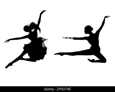 Abstract black stencil silhouettes of slender ladies dancer in jump, hand drawing vector illustration Stock Vector