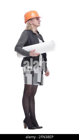 female architect with drawings looking at a white screen. Stock Photo