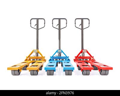 Three pallet trucks in yellow, blue and red color shot over white background Stock Photo