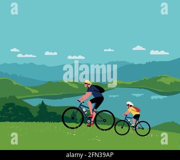 Dad, Son Ride Bicycles in Mountain Valley Stock Vector