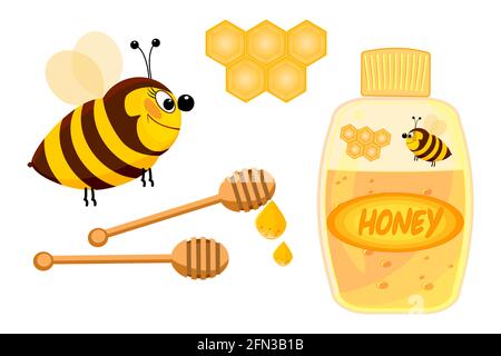 Honey set cartoon object isolated on white background. Bee, honey dipper, honeycomb, bottle with label. Honey icons. Organic food. Vector illustration Stock Vector