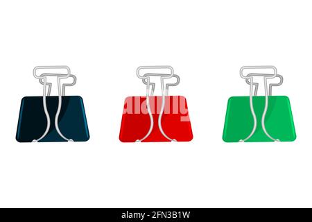 Binder clips set isolated on white background. Paper colorful binder clip. Office stationery supply. Paper metalic holder. Stock vector illustration Stock Vector
