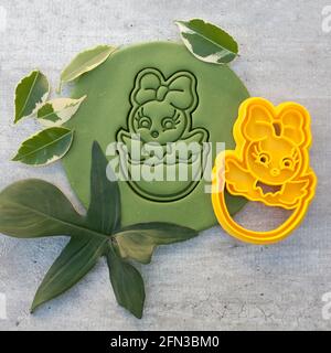 cookie cutter for cutting Easter biscuits on dough for kids Stock Photo