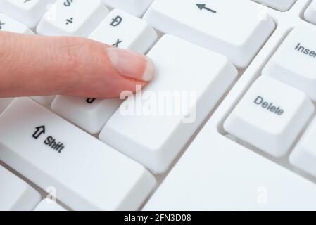 Business Lady Pointer Pressing Keybord Keys, Hand Touching Console Buttons, Gentle Man Finger Showing Click Here, Start Messeging Update Stock Photo