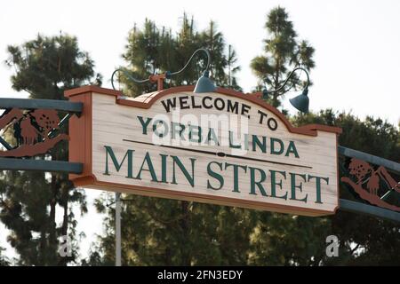 Yorba Linda, California, USA - December 12, 2020: Afternoon light shines on the historic Main Street of downtown Yorba Linda. Stock Photo