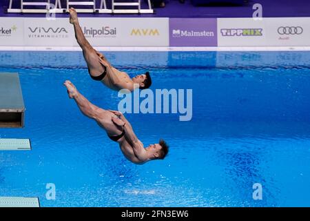 Budapest, Hungary. 13th May, 2021. BUDAPEST, HUNGARY - MAY 13: Daniel Goodfellow of Great Britain and Jack Laugher of Great Britain competing in the Mens Synchronised 3M Final during the LEN European Aquatics Championships Diving at Duna Arena on May 13, 2021 in Budapest, Hungary (Photo by Andre Weening/Orange Pictures) Credit: Orange Pics BV/Alamy Live News Stock Photo