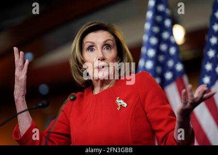 Washington, USA. 13th May, 2021. U.S. House Speaker Nancy Pelosi speaks during her weekly press conference on Capitol Hill in Washington, DC, the United States, on May 13, 2021. Credit: Ting Shen/Xinhua/Alamy Live News Stock Photo