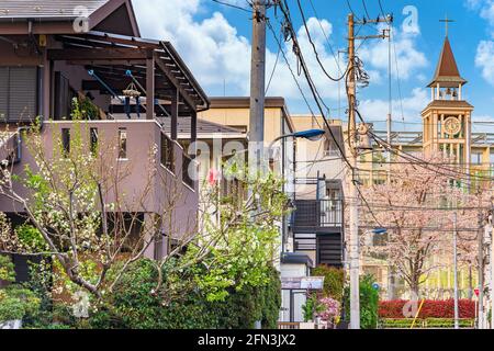 tokyo, japan - april 07 2021: Cherry trees in front of a Japanese house and the bell tower of Seigakuin Junior & Senior High School adorned by a chris Stock Photo