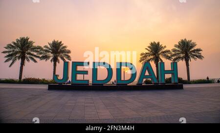 Jeddah, Saudi Arabia - April 30, 2021: Jeddah sign at new beech, Waterfront Stock Photo