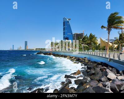 Jeddah, Saudi Arabia - April 23, 2021: Beautiful view of Jeddah beach -  Red Sea corniche Stock Photo