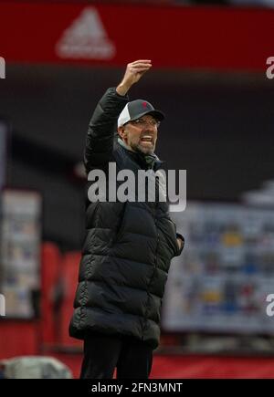 Manchester, UK. 14th May, 2021. Liverpool's manager Jurgen Klopp reacts during the Premier League match between Manchester United and Liverpool at Old Trafford in Manchester, Britain, on May 13, 2021. Credit: Xinhua/Alamy Live News Stock Photo