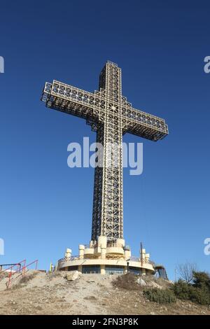 Millennium Cross at Vodno Hill in Skopje, Macedonia. Millennium Cross is a 66 meters tall cross situated on the top of the Vodno Mountain. Stock Photo