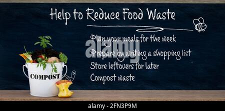 Help to reduce food waste, ways to reduced food waste on chalkboard plan meals make a shopping list store leftovers compost bucket and illustration Stock Photo