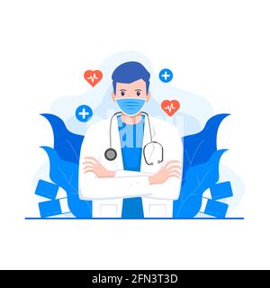 World Doctor Day greeting card. A modern flat illustration of a Doctor Wearing a Mask and stethoscope vector Stock Vector