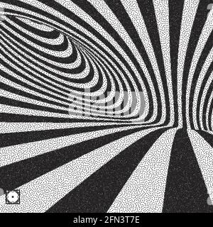 Abstract 3D geometrical background. Black and white grainy dotwork design. Pointillism pattern with optical illusion. Stippled vector illustration. Stock Vector