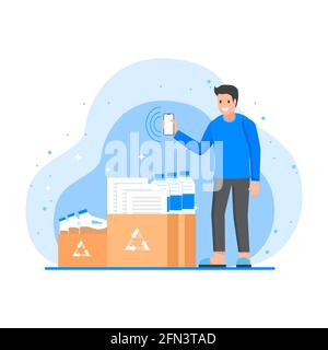 Man holding a smartphone waiting to recycle his papers, bottle and boxes vector Stock Vector