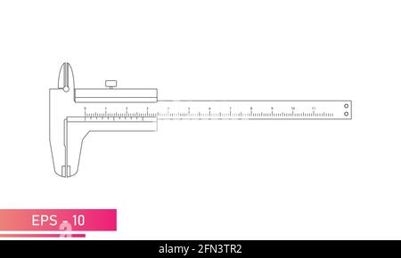 Caliper with numeric scale. Lines design on a white background. Tools for technical specialists. Flat vector illustration. Stock Vector