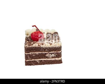 Chocolate cake, a close up of homemade slided birthday layer cake bakery isolated on white background. Stock Photo