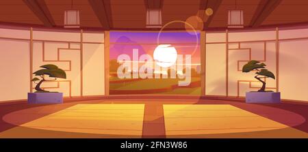 Dojo, traditional japanese room for karate and meditation. Vector cartoon interior of empty dojo with mats, bonsai and landscape of green terraced fields and sunset sky behind window Stock Vector