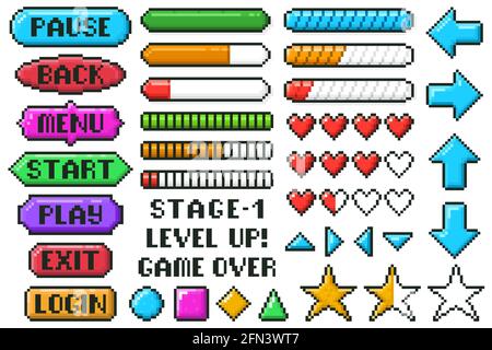 Pixel game menu buttons. Game 8 bit ui controller arrows, level and live bars, menu, stop, play buttons vector illustration set. Gaming menu buttons Stock Vector