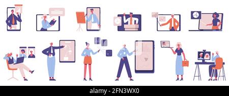 Online business coaching. Webinar, online conference or presentation, online business mentoring vector illustration set. Distant business training Stock Vector