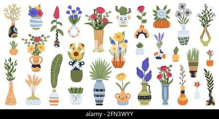Vases with flowers. Blooming lilac, narcissus and tulips flowers bouquets in ceramic, clay or porcelain vases vector illustration set. Bouquet in vase Stock Vector