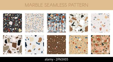 Marble texture pattern. Abstract quartz, granite and glass flooring mosaic textures vector illustration set. Classic italian marble chips interior Stock Vector