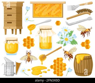 Cartoon honey. Beekeeping elements, honeycombs, beehive, bees and honey in glass jar isolated vector illustration set. Natural sweets, honey symbols Stock Vector
