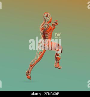 Running man. Emblem for marathon and jogging. 3d model of man. Vector Illustration. Wire connection to virtual reality. Stock Vector