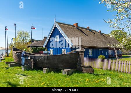 Ethnographic fisherman's museum. Beautiful old Lithuanian traditional wooden blue house of the Curonian Spit in Nida fishermen's village, Lithuania Stock Photo