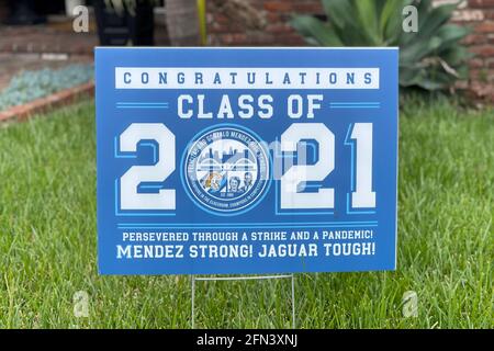 A Mendez High School Class of 2021 Congratulations sign at a residence, Thursday, May 13, 2021, in Montebello, Calif. Stock Photo