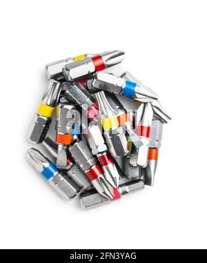 Set of screwdriver bits. Various types of screwdriver  heads isolated on white background. Stock Photo