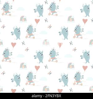 Seamless pattern with cute monsters. A pair of winged blue monsters - a boy and a girl ride a scooter on a white background with a rainbow, clouds and Stock Vector