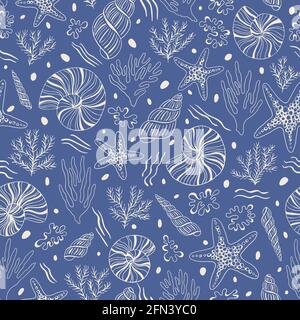 Hand-Drawn Sea Shells, Fossils, Starfish, Corals, Seaweeds, Waves Abstract Vector Seamless Pattern Stock Vector
