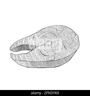 Salmon steak, raw healthy seafood, atlantic fish fillet slice, hand drawn ink illustration isolated on white background, black and white style Stock Vector