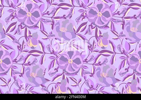 Floral vector seamless pattern. Purple flowers, buds, leaves isolated on a purple background Stock Vector