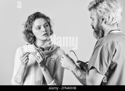 Consultation concept. Pneumonia treatment. Effective medicines. Girl viral disease. Medical check up. Doctor and patient at hospital. Instruction Stock Photo