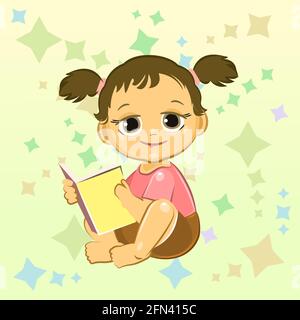 Little child. Girl. Sits playing indulges. Cheerful kind funny. Cartoons flat style. Preschool age. Childhood Vector. Stock Vector