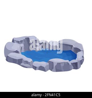 Pond with water and stones, natural or garden decoration in cartoon style isolated on white background. Ui game asset, Park pool, lake. Vector illustr Stock Vector