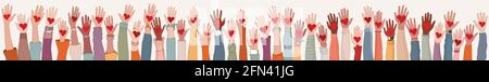 Large Group of diverse people with heart in hand. Arms and hands raised. Charity donation and volunteer work. People diversity. Support and assistance Stock Vector