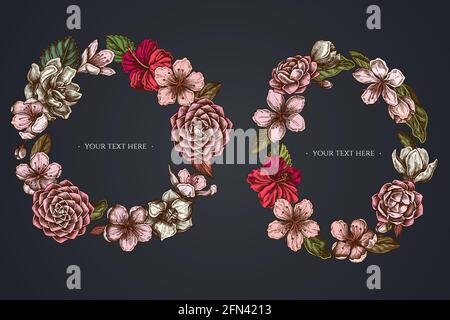 Dark Floral Wreath of hibiscus, plum flowers, peach flowers, sakura flowers, magnolia flowers, camellia japonica Stock Vector