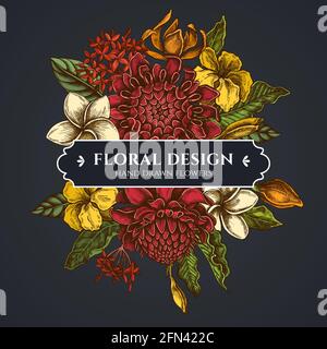 Floral bouquet dark design with plumeria, allamanda, clerodendrum, champak, etlingera, ixora Stock Vector