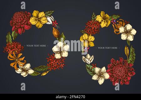 Dark Floral Wreath of plumeria, allamanda, clerodendrum, champak, etlingera, ixora Stock Vector