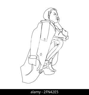 Girl in a raincoat, squatting. Linear style. Vector illustration. Stock Vector