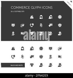 Commerce. People, cashier machine, phone, security, ticket, money and hands group. Isolated icon set on black and white background. Glyph vector illus Stock Vector